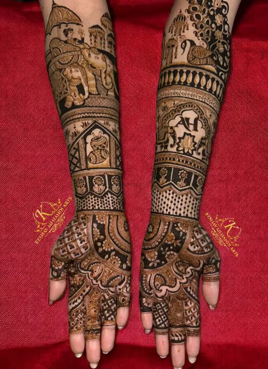 Heavy Full Hand Mehndi Design with Figures