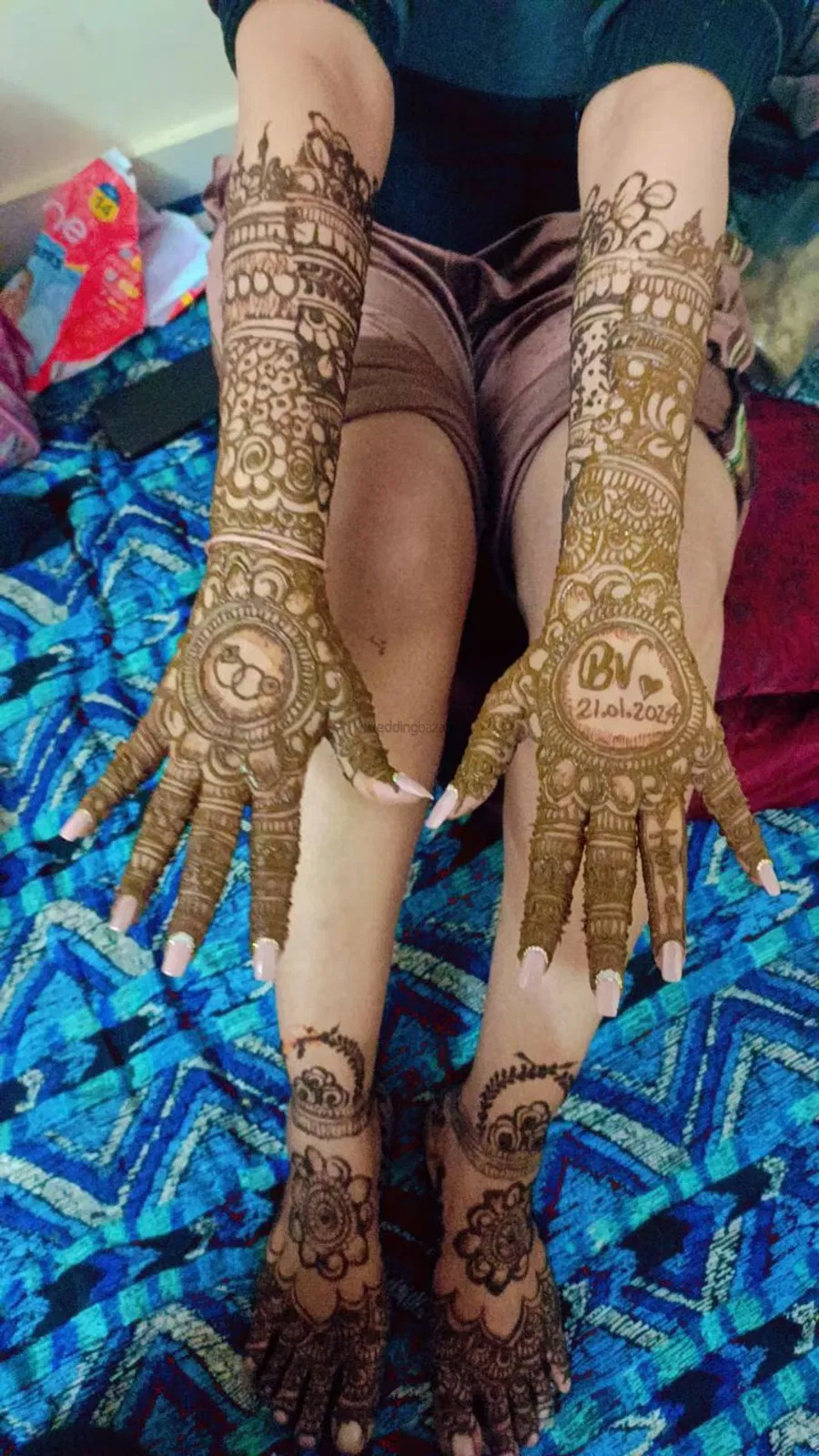 Full Hand Mehndi Design with Gol Tikki, Figures and Moon