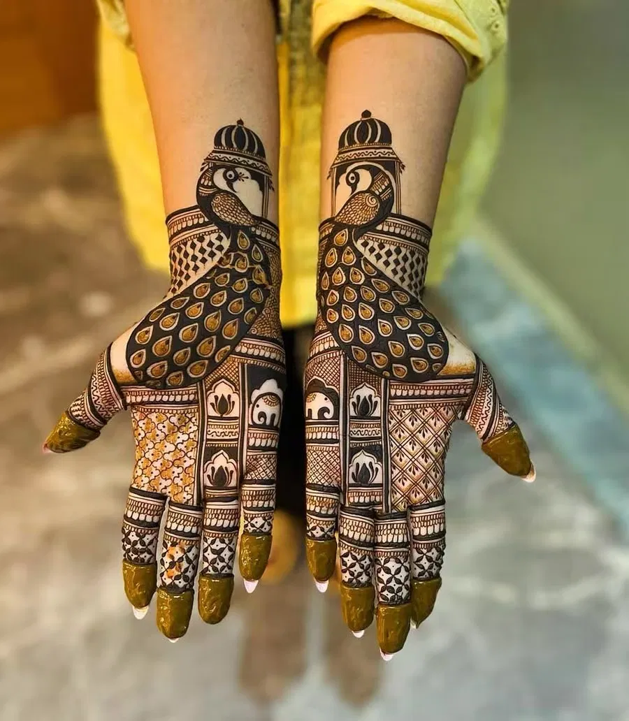Bridal Stylish Full Hand Mehndi Design with Peacock (2)
