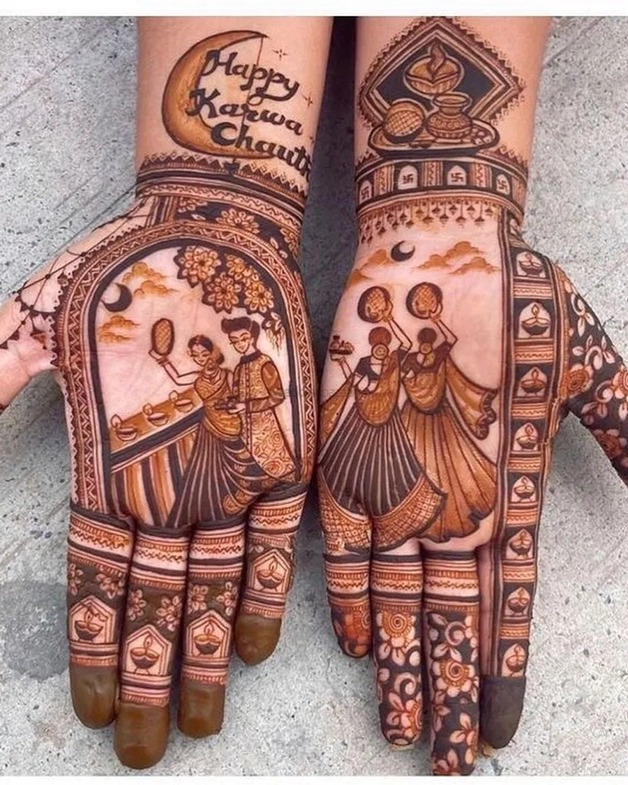 Bridal Indian Front Hand Mehndi Design with Figures and Moon for Karwa Chauth (2)