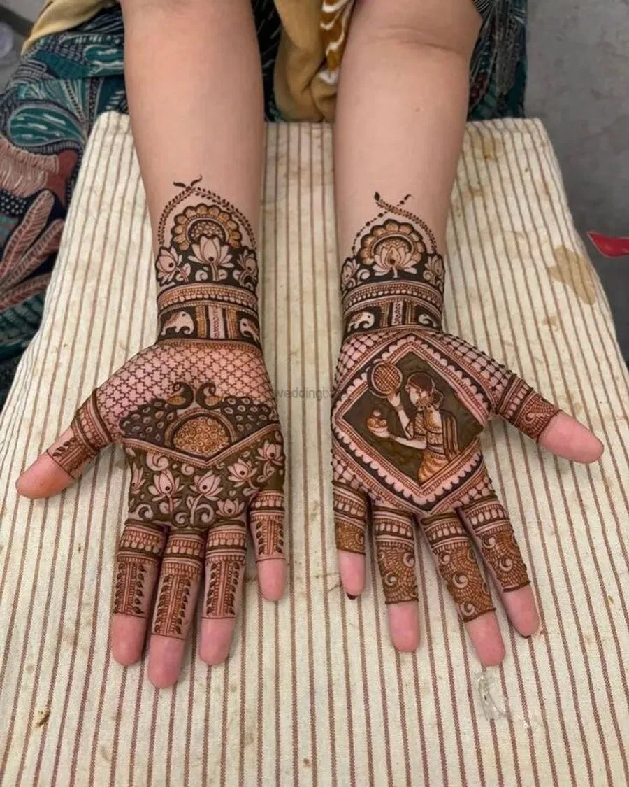 Front Hand Mehndi Design with Figures and Hearts (13)