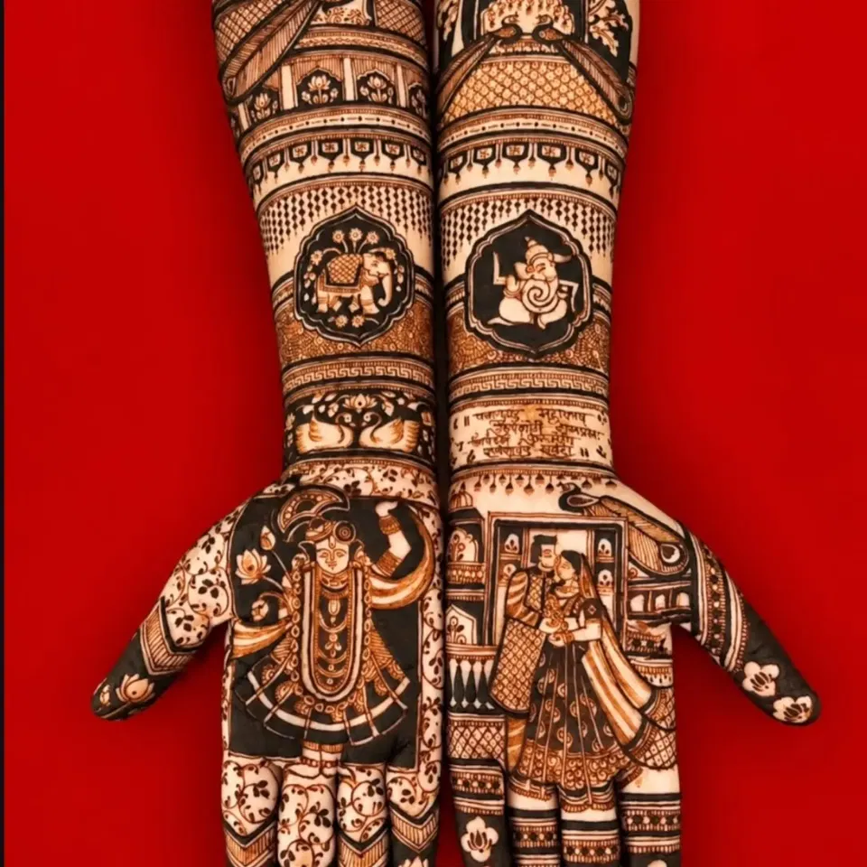 Heavy Full Hand Mehndi Design with Figures