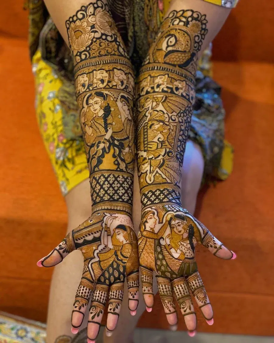 Heavy Full Hand Mehndi Design with Figures