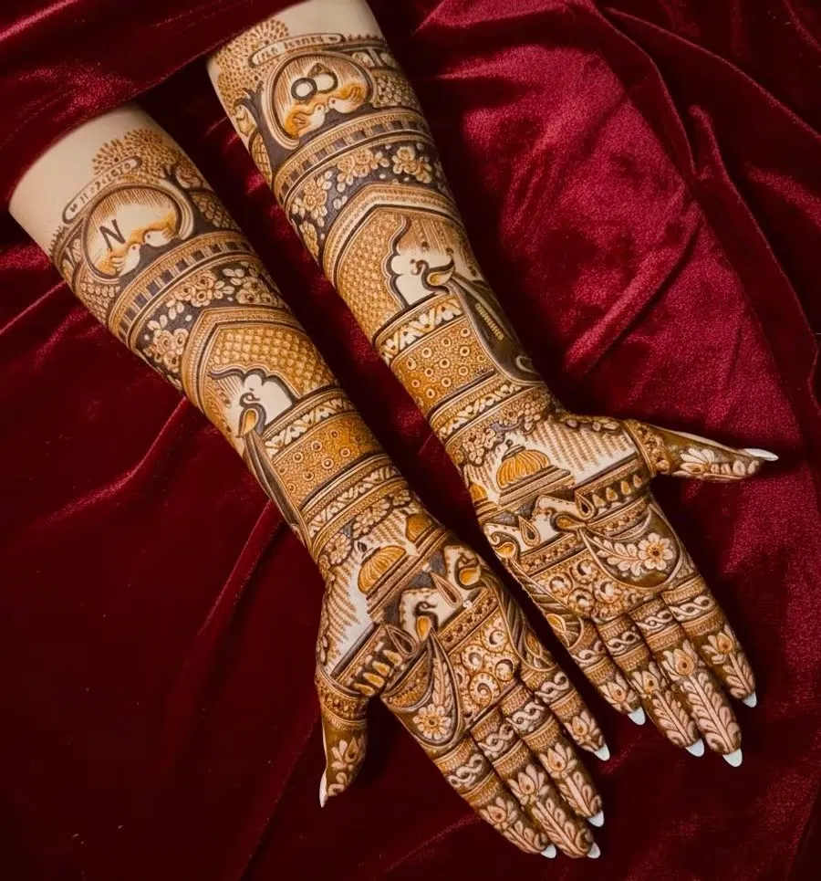 Full Hand Mehndi Design with Figures and Peacock