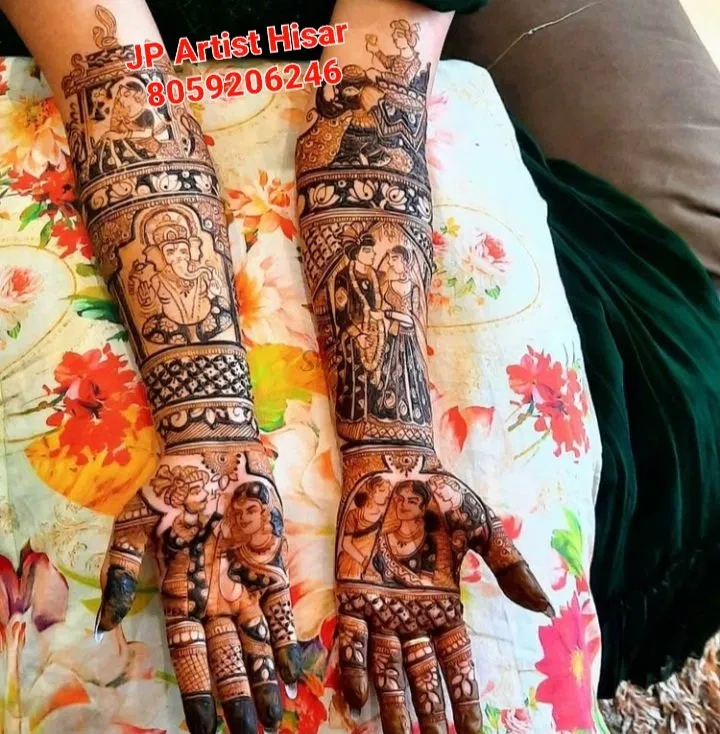 Full Hand Mehndi Design with Figures and Hearts