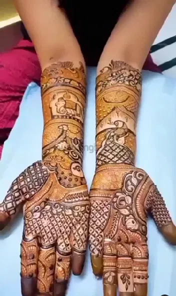Full Hand Mehndi Design with Figures and Peacock