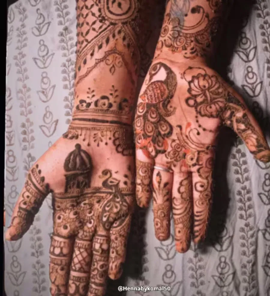 Front Hand Mehndi Design with Figures and Peacock