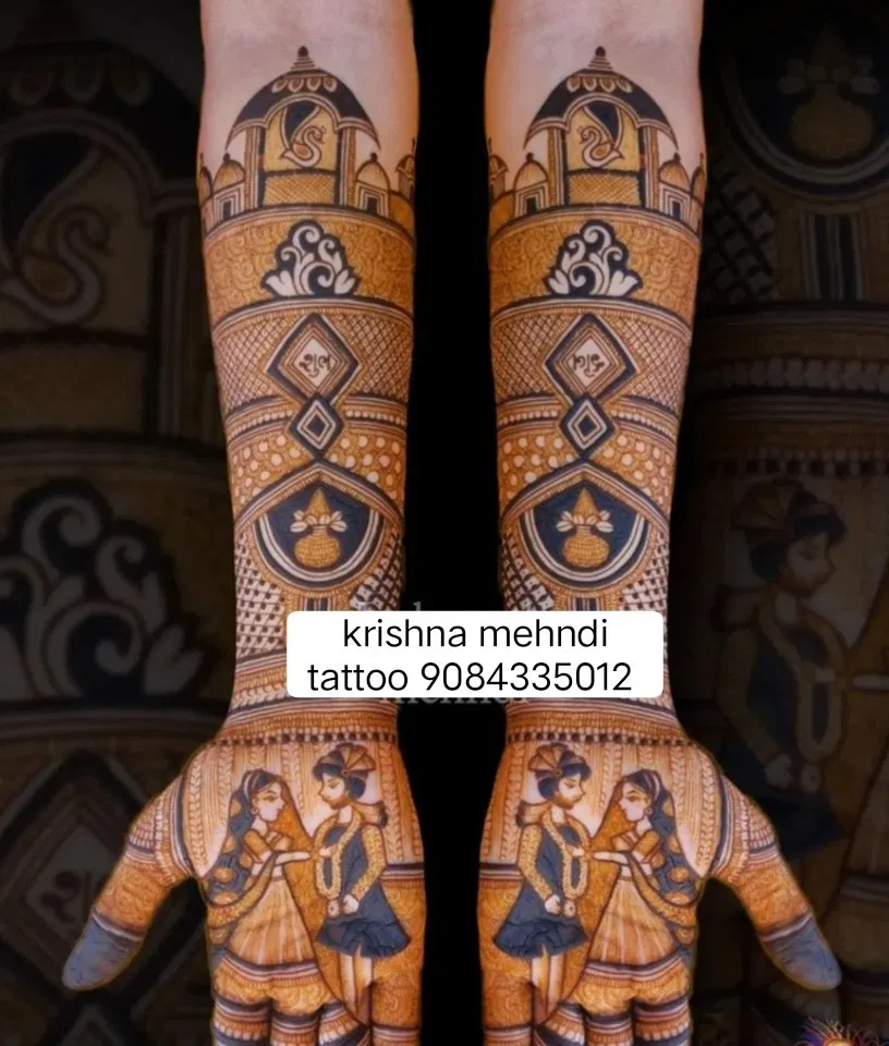 Full Hand Mehndi Design with Figures, Hearts and Lotus