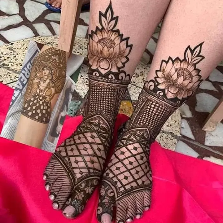 Foot Mehndi Design with Figures and Lotus