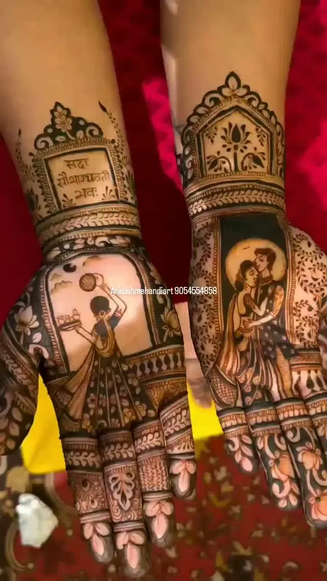 Full Hand Mehndi Design with Figures and Hearts (15)