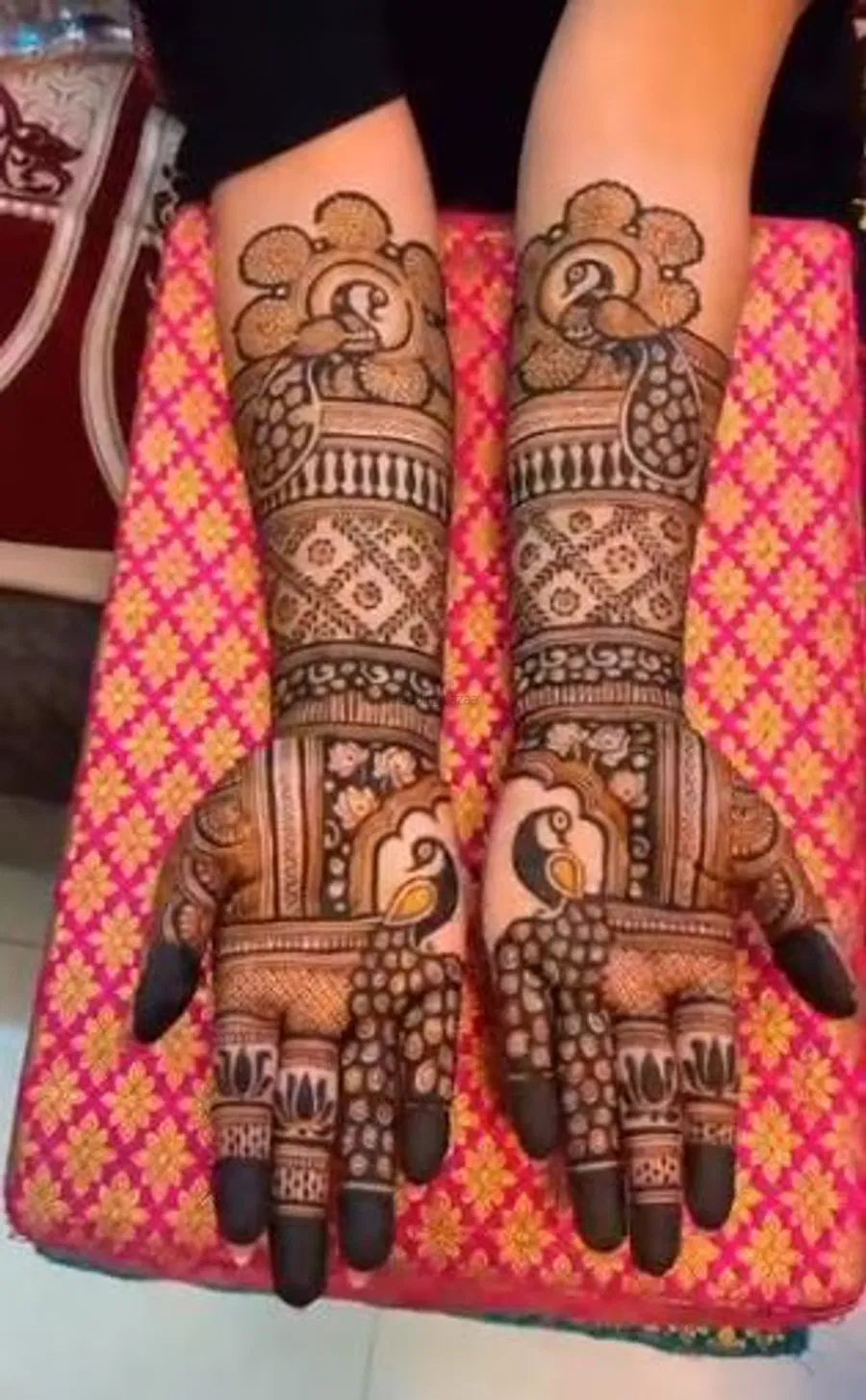 Heavy Front Hand Mehndi Design with Figures, Hearts and Peacock