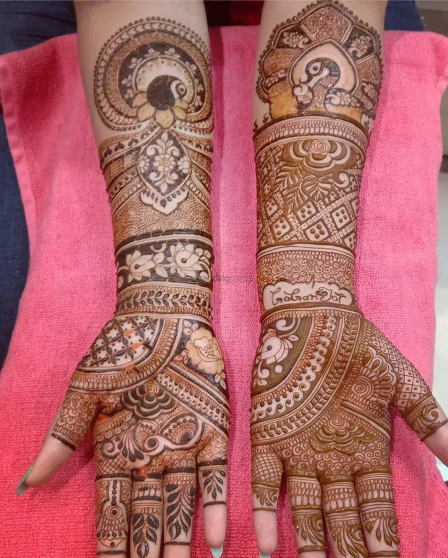 Front Hand Mehndi Design with Figures and Peacock