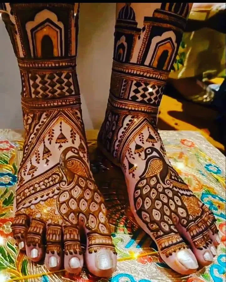 Foot Mehndi Design with Figures and Peacock