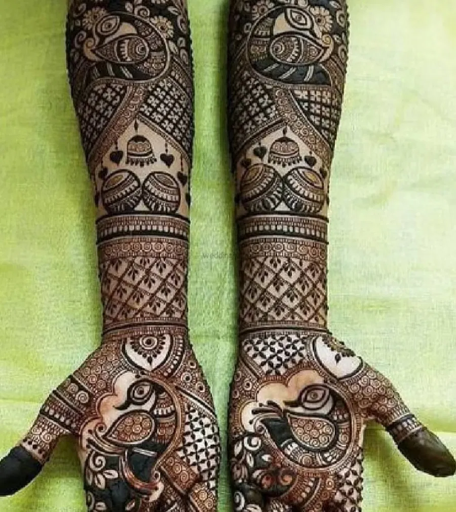 Front Hand Mehndi Design with Figures and Hearts