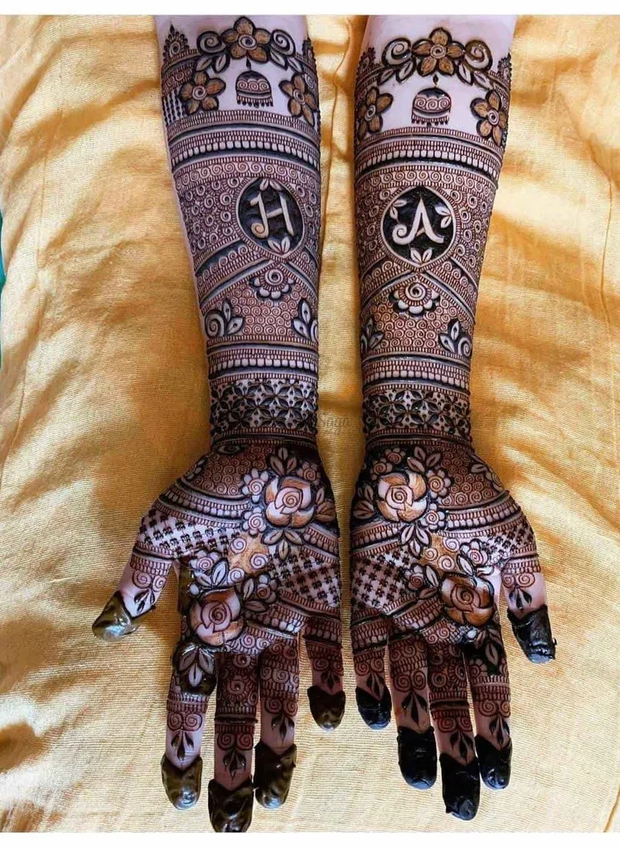 Full Hand Mehndi Design with Figures and Hearts