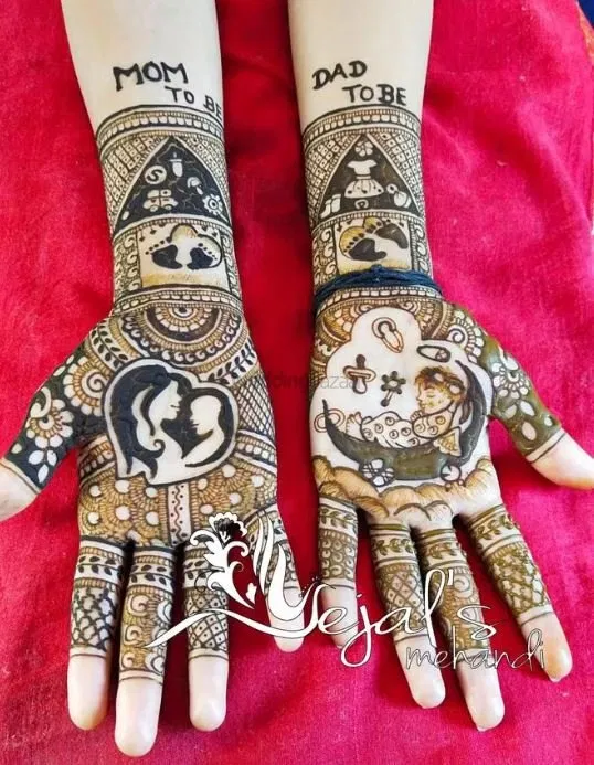 Back Hand Mehndi Design with Figures and Hearts
