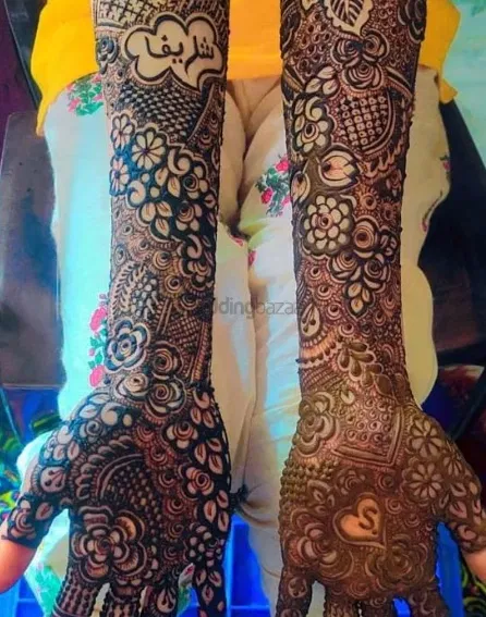 Full Hand Mehndi Design with Figures and Hearts