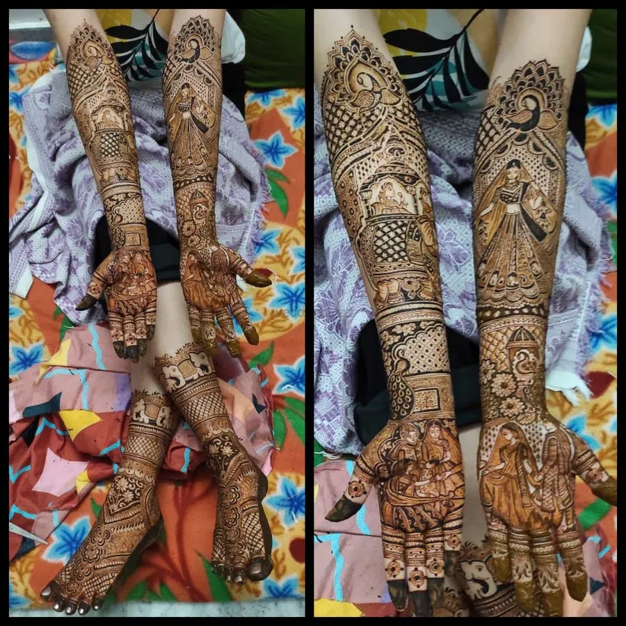 Heavy Full Hand Mehndi Design with Figures and Peacock