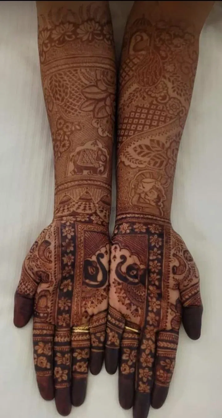 Full Hand Mehndi Design with Figures and Peacock