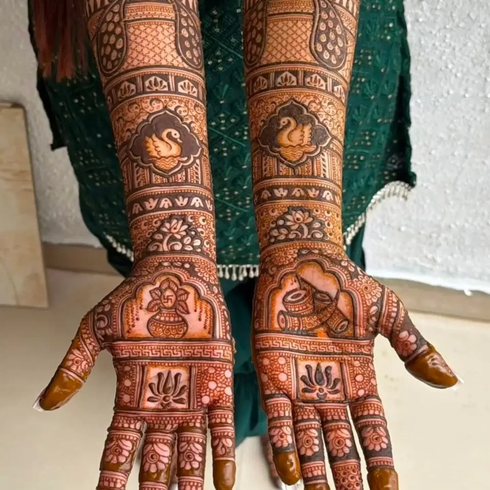 Full Hand Mehndi Design with Figures and Peacock