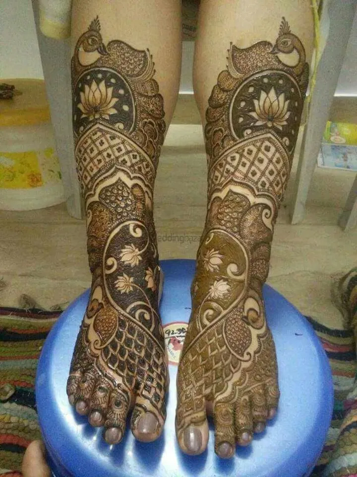 Foot Mehndi Design with Figures, Lotus and Peacock (2)