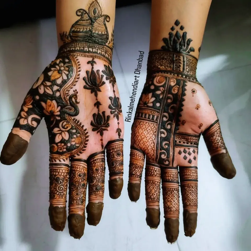Front Hand Mehndi Design with Lotus and Peacock