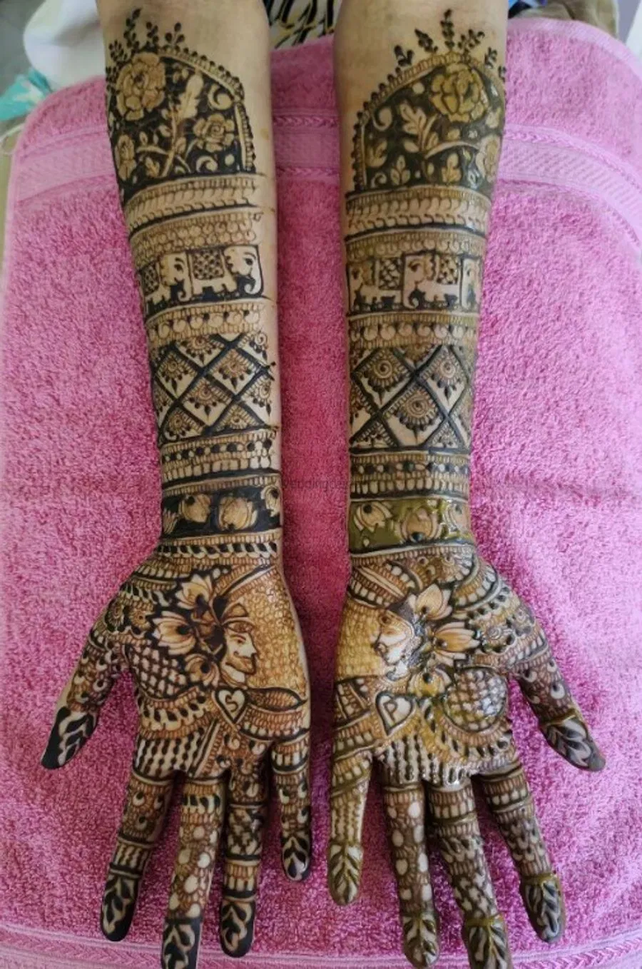 Full Hand Mehndi Design with Figures and Hearts