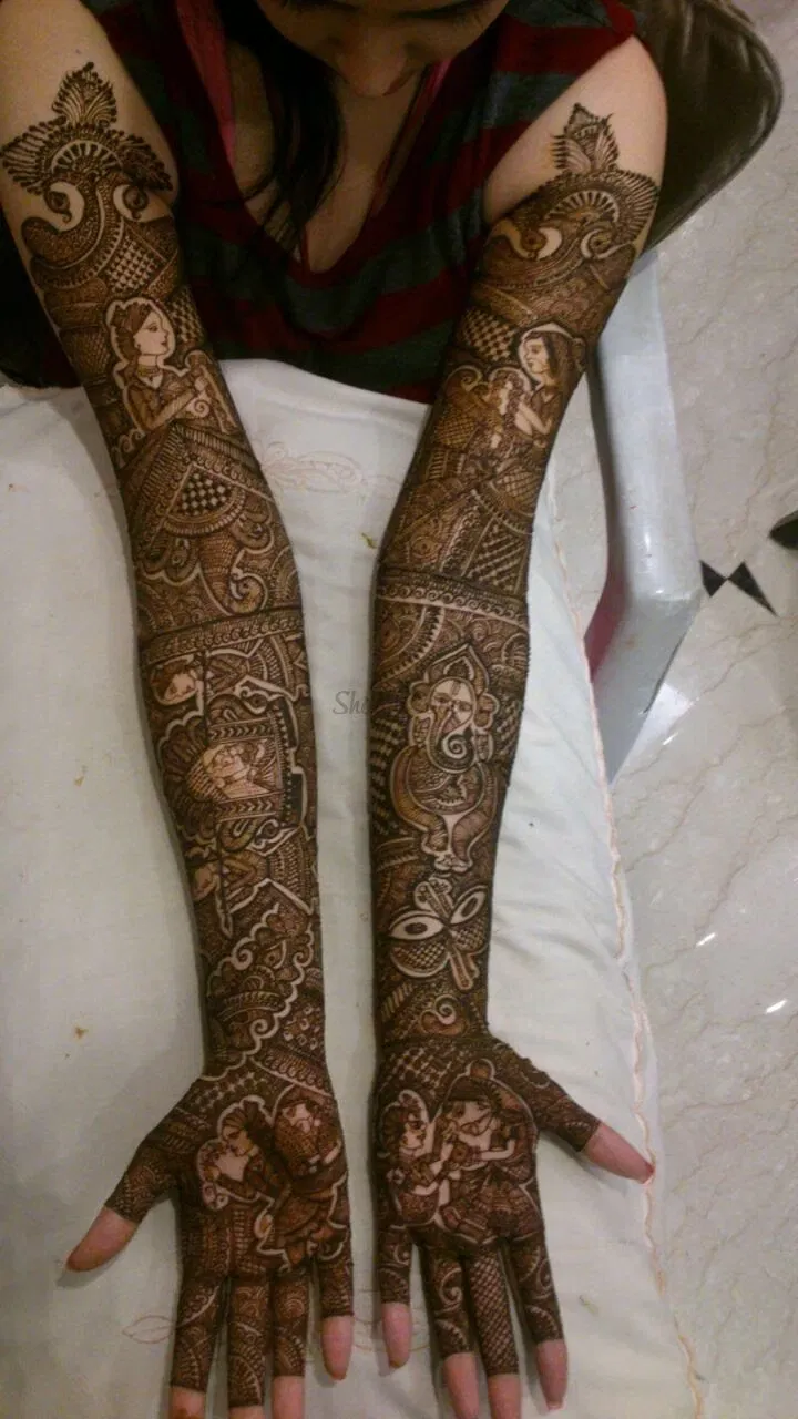 Front Hand Mehndi Design with Figures and Hearts