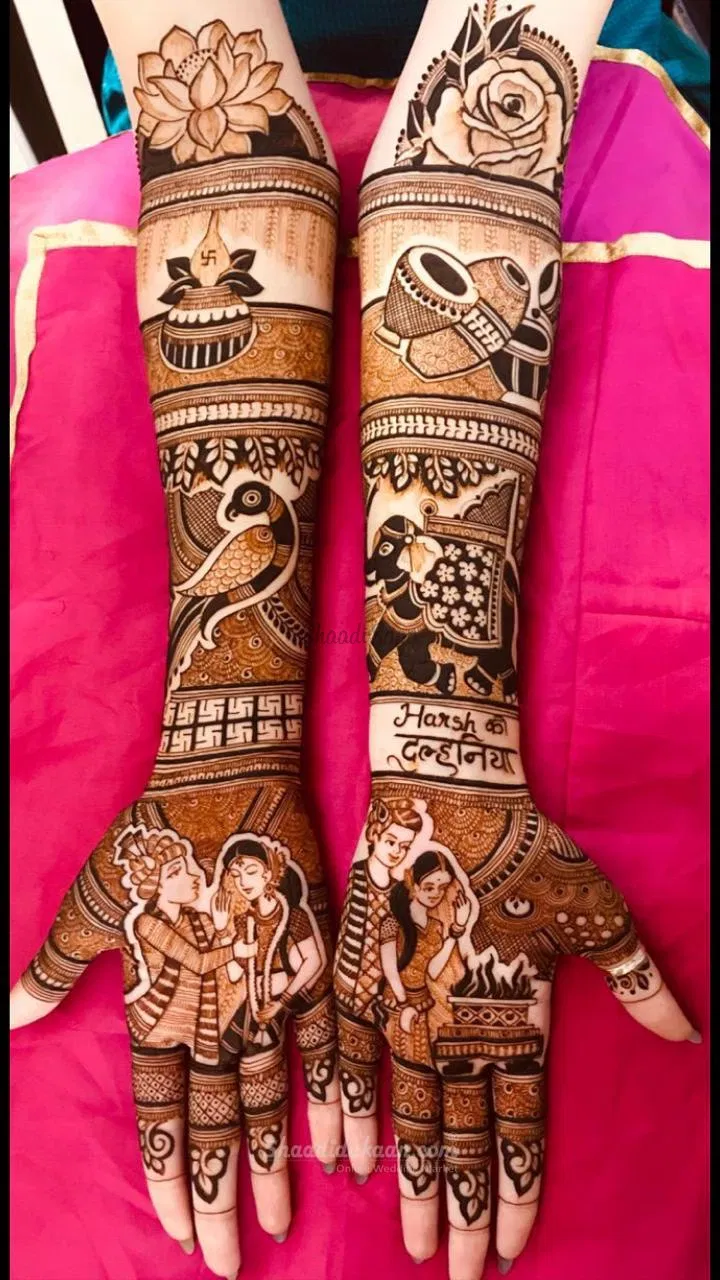 Heavy Front Hand Mehndi Design with Figures, Hearts and Peacock (3)