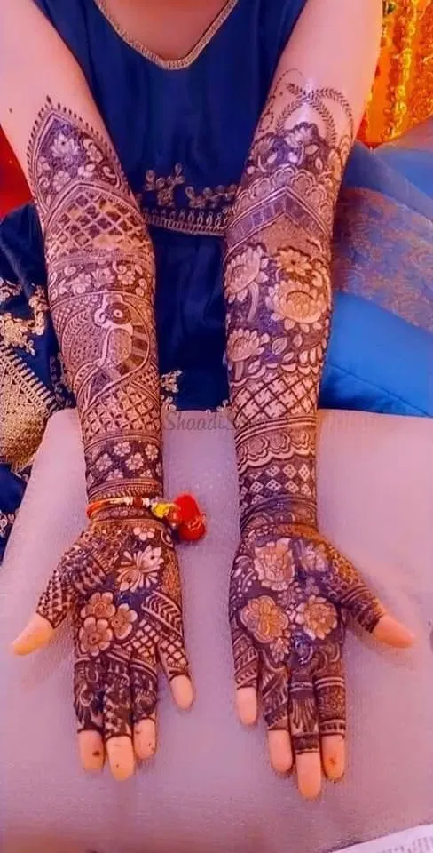 Full Hand Mehndi Design with Figures and Hearts