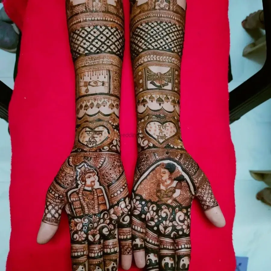 Heavy Full Hand Mehndi Design with Figures and Hearts (5)