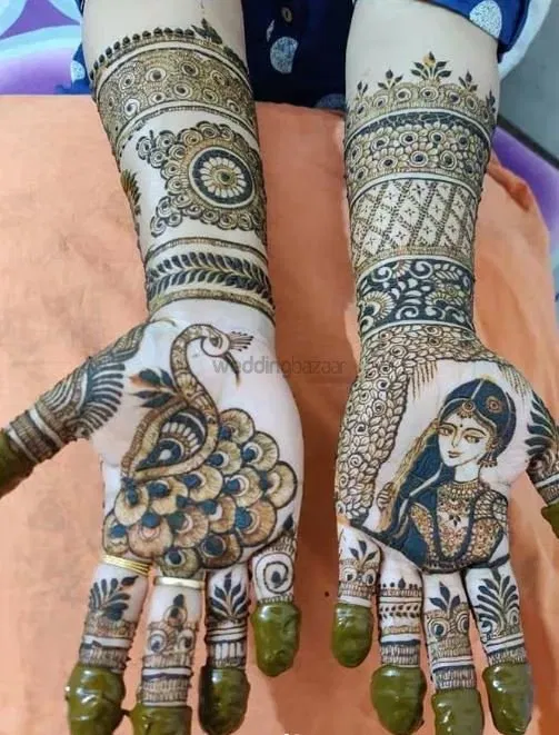 Full Hand Mehndi Design with Figures and Peacock (25)