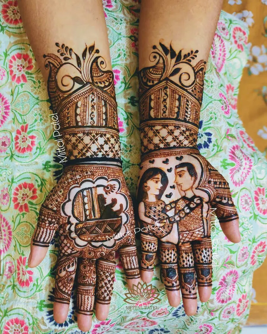 Full Hand Mehndi Design with Figures and Hearts (18)