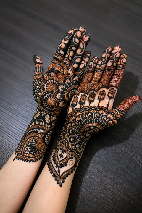 aesthetic bridal circle front hand mehndi design