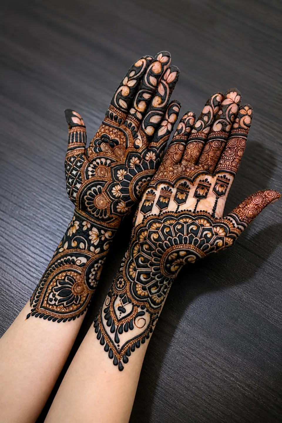 Aesthetic Bridal Front Hand Mehndi Design with Gol Tikki and Figures for Engagement (2)
