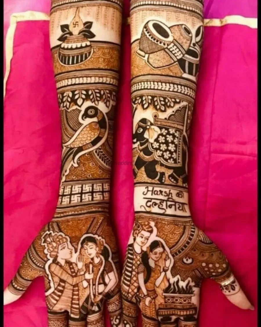 Heavy Full Hand Mehndi Design with Figures, Hearts and Peacock (3)