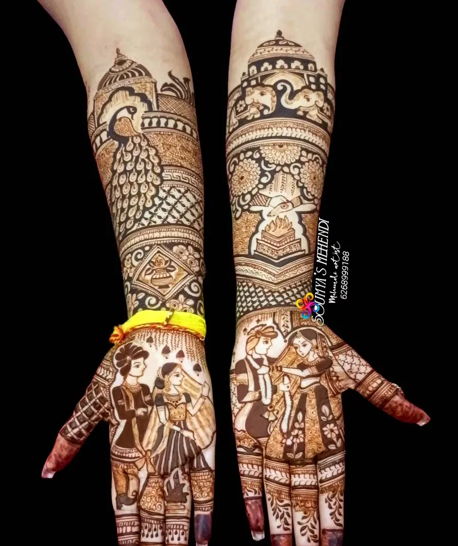 Full Hand Mehndi Design with Figures and Peacock