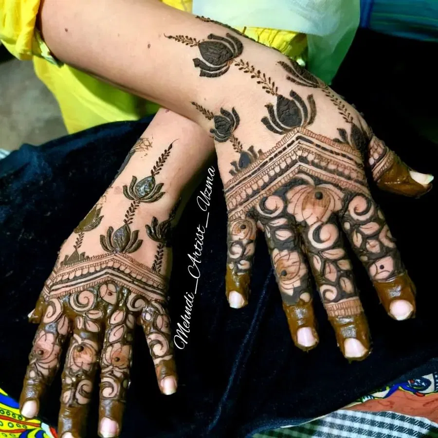 Back Hand Mehndi Design with Figures and Lotus