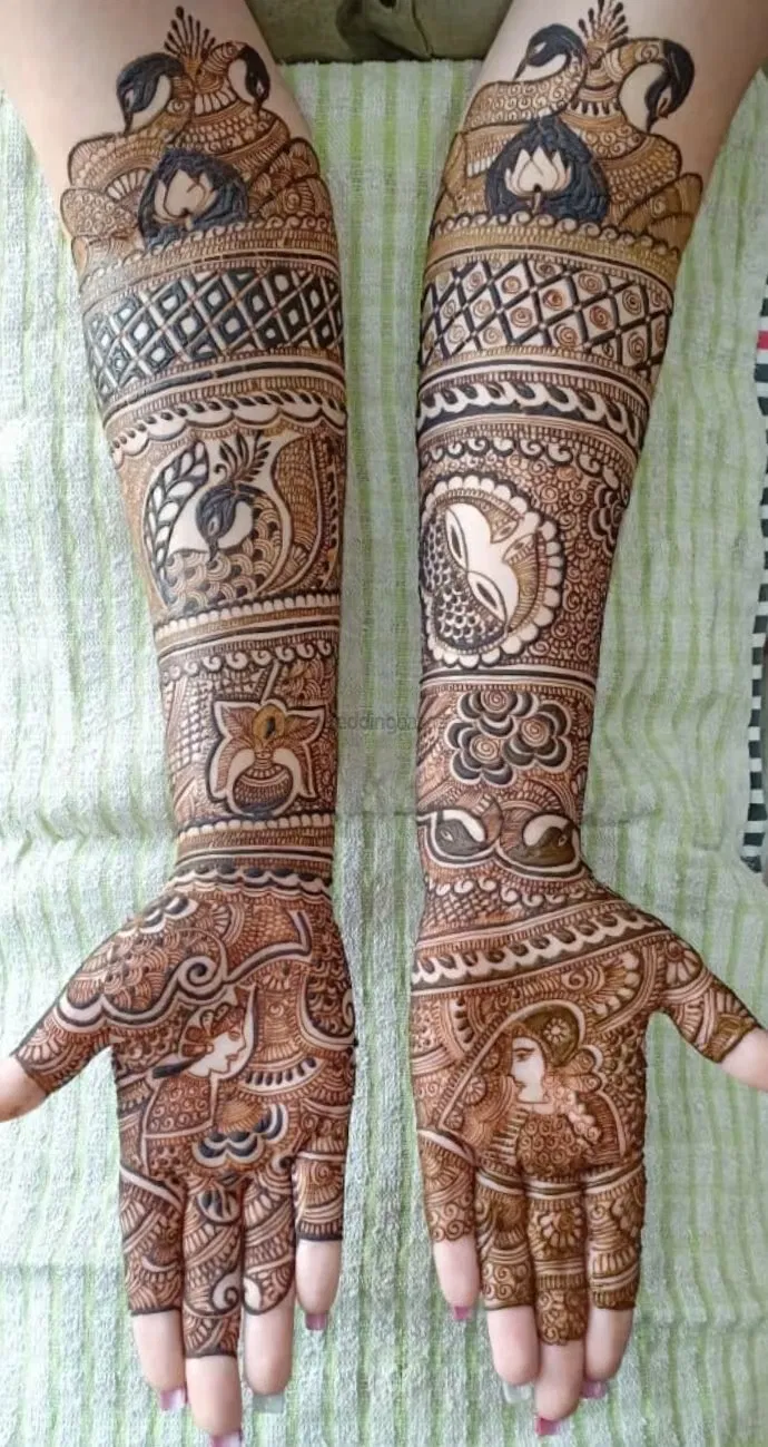 Full Hand Mehndi Design with Figures and Hearts