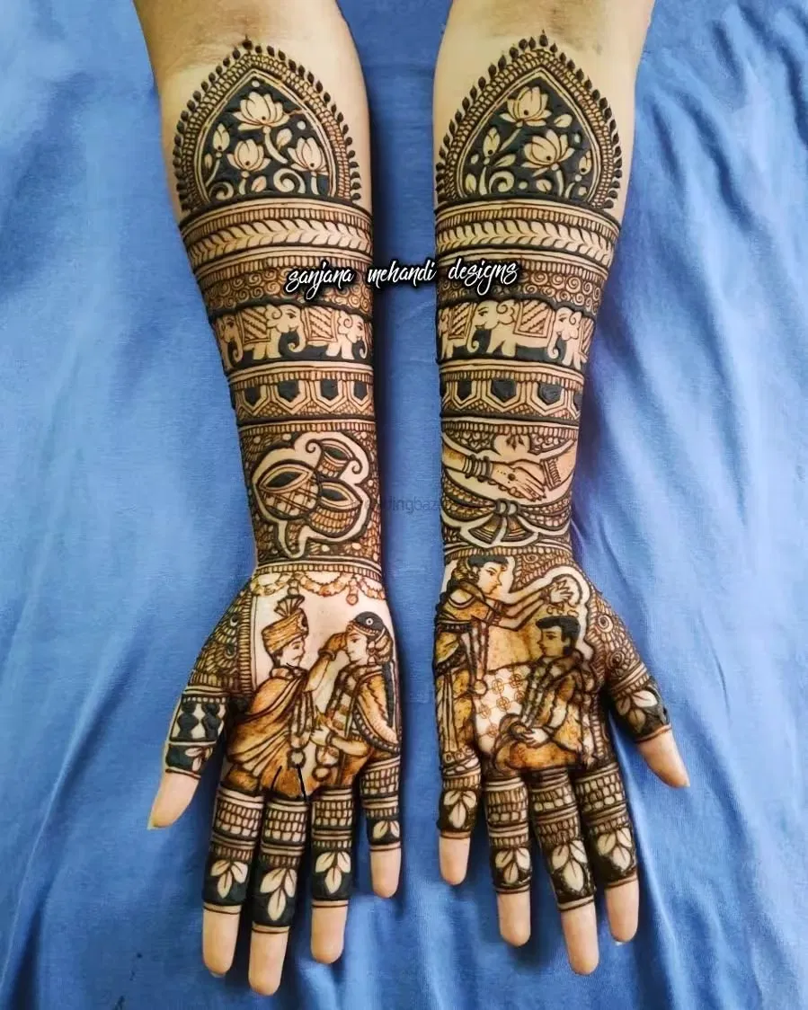 Full Hand Mehndi Design with Figures and Peacock (27)