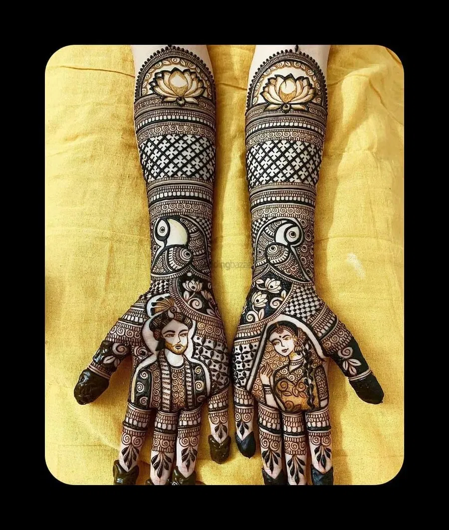 Full Hand Mehndi Design with Figures and Lotus
