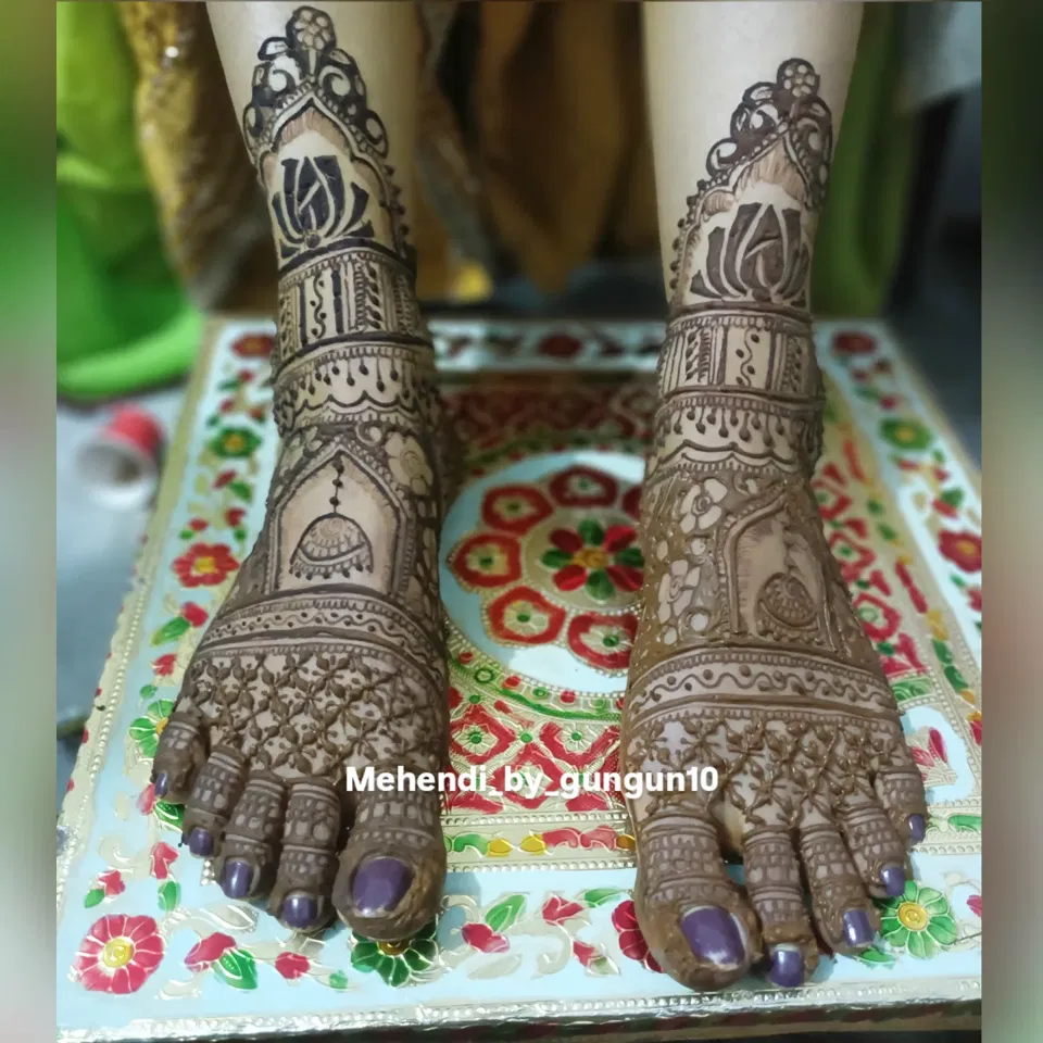 Bridal Foot Mehndi Design with Figures, Hearts and Lotus (2)