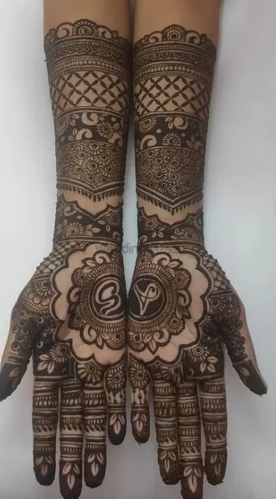 Full Hand Mehndi Design with Gol Tikki and Figures