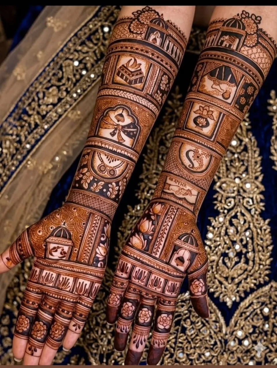 Aesthetic Bridal Arm Mehndi Design with Figures for Engagement