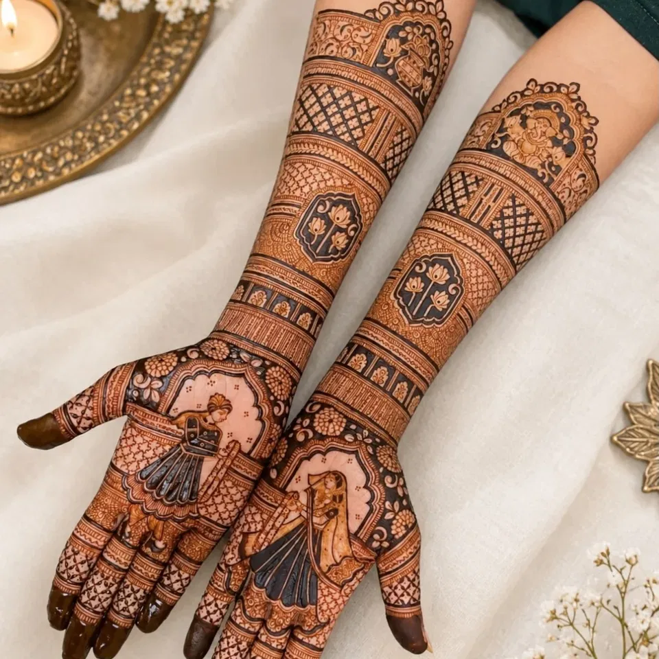 Full Hand Mehndi Design with Figures and Peacock (30)