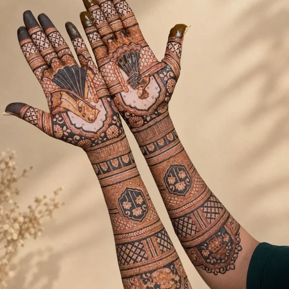 Full Hand Mehndi Design with Figures, Hearts and Peacock (3)