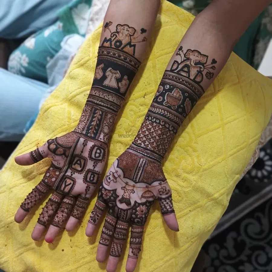 Full Hand Mehndi Design with Figures and Hearts