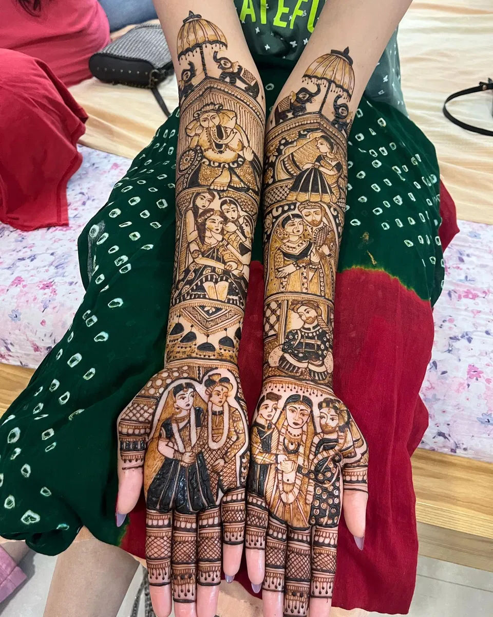 Aesthetic Bridal Full Hand Mehndi Design with Deity and Figures for Engagement (2)