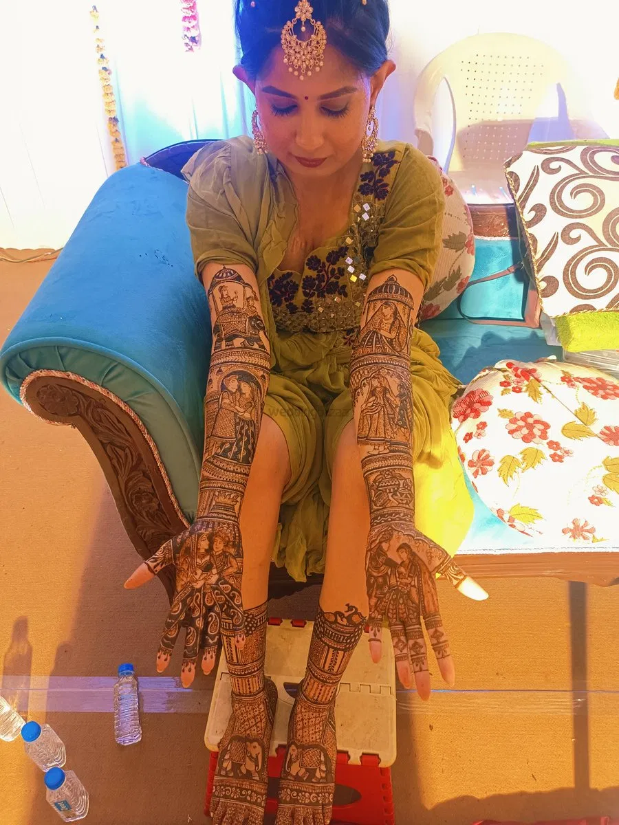 Full Hand Mehndi Design with Figures and Peacock