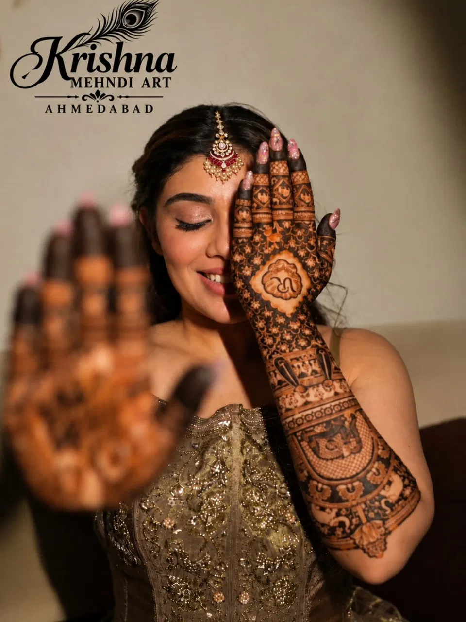 Bridal Foot Mehndi Design with Deity, Figures and Hearts